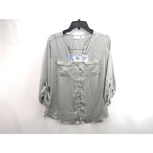 New York & Company Women's Size M Roll Tab Short Sleeve Shirt V-neck Gray